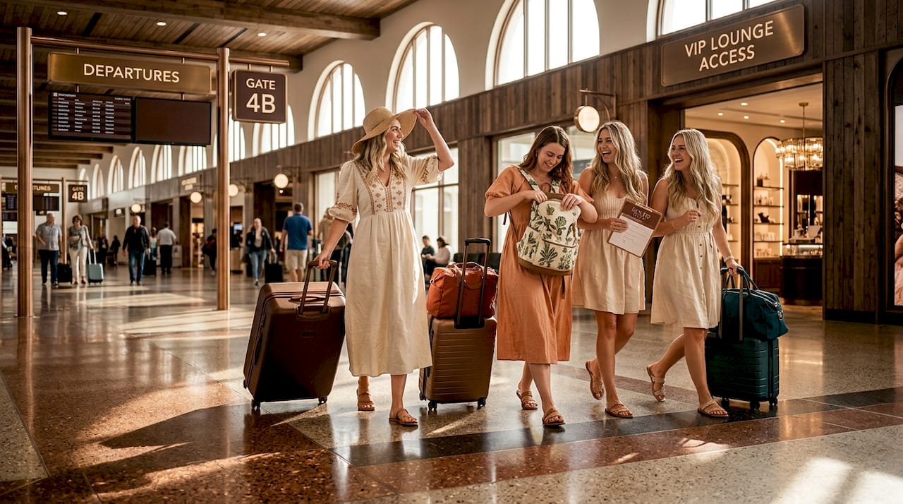 Friends wheeling suitcases at airport laughing together