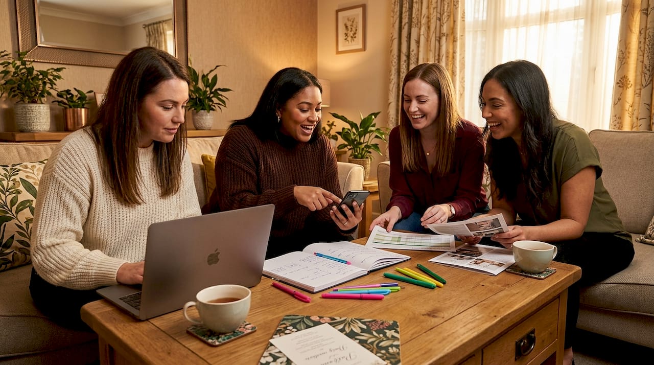 Women planning hen do costs in living room